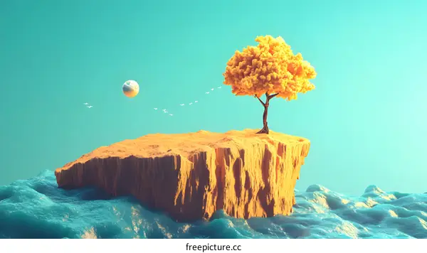 Golden Tree on Island in Blue Sky and Sea