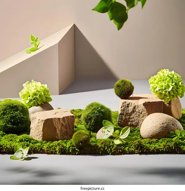 Green Moss Stones and Plants on a Grey Surface with a Beige Wall Background