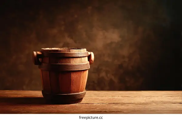Wooden Barrel on Wooden Table in Dark Background