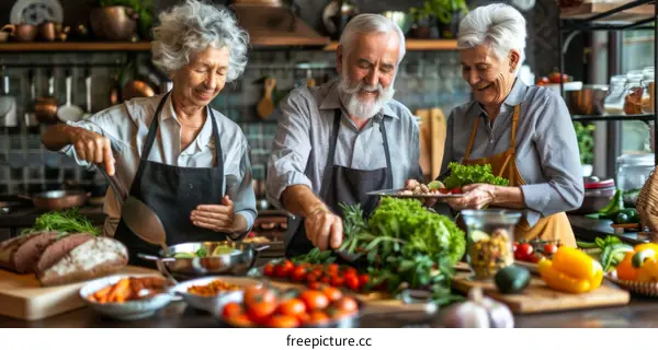 Three elderly people cooking in a kitchen