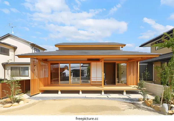 Modern Japanese Style Wooden House with a Large Porch