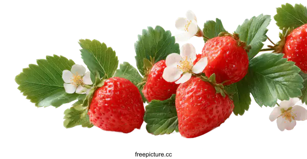 [Transparent Background PNG]Fresh Strawberries with Blossoms and Leaves