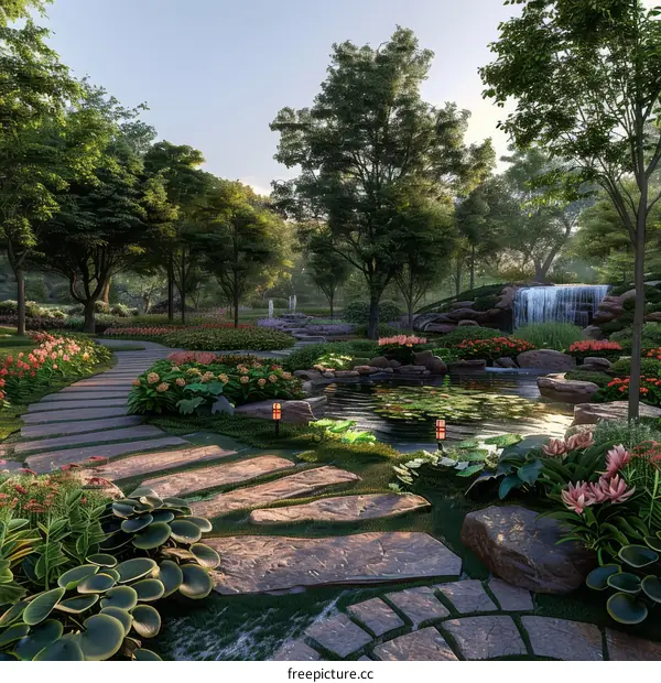 landscaped garden with a stone path and a pond