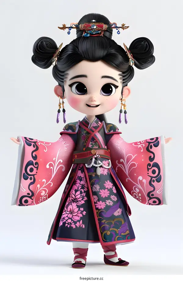 Cartoon Illustration of a Young Girl in Traditional Chinese Clothing