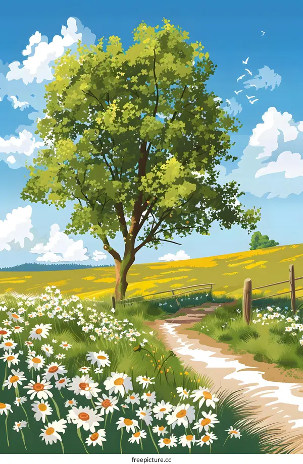 Daisy Field Pathway Summer Nature Illustration