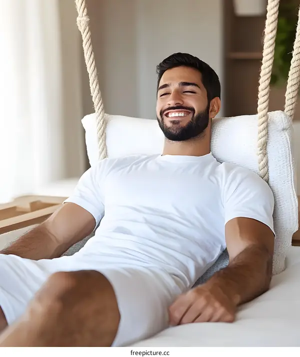 Smiling Man Relaxing On A Swing