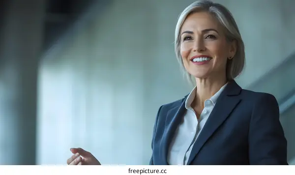 Smiling Businesswoman in Suit Looks Upward