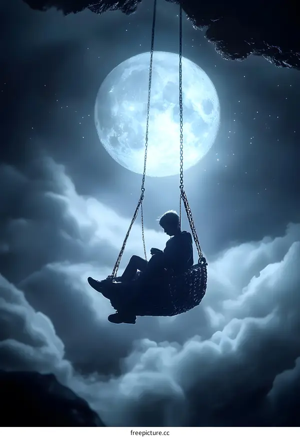Silhouette of Person on Swing in Front of Moon