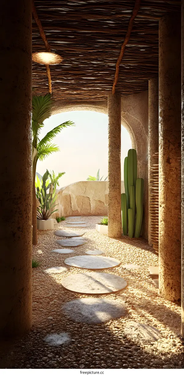 Stone Path Through an Archway in a Desert Oasis
