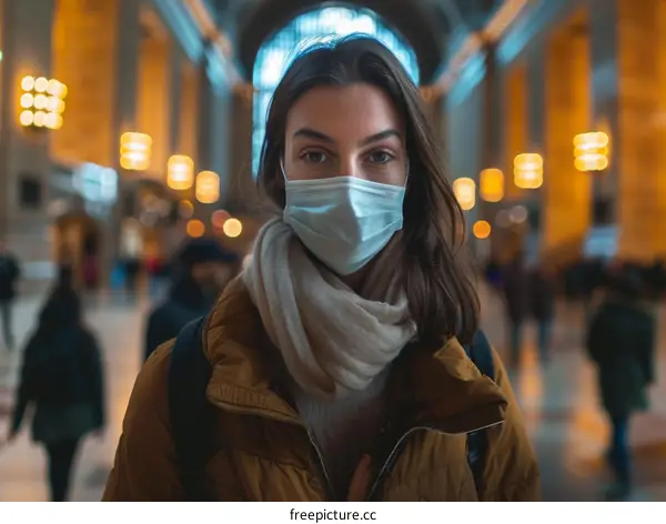 A young woman wearing a mask in a crowded train station