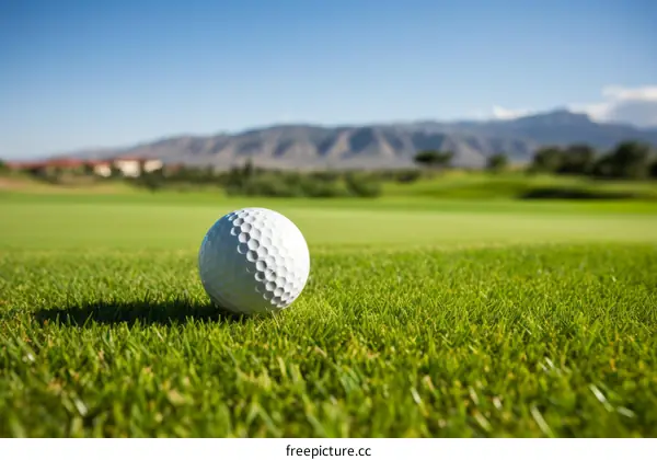 Close-up of a golf ball on a tee on a golf course fairway with the green in the background