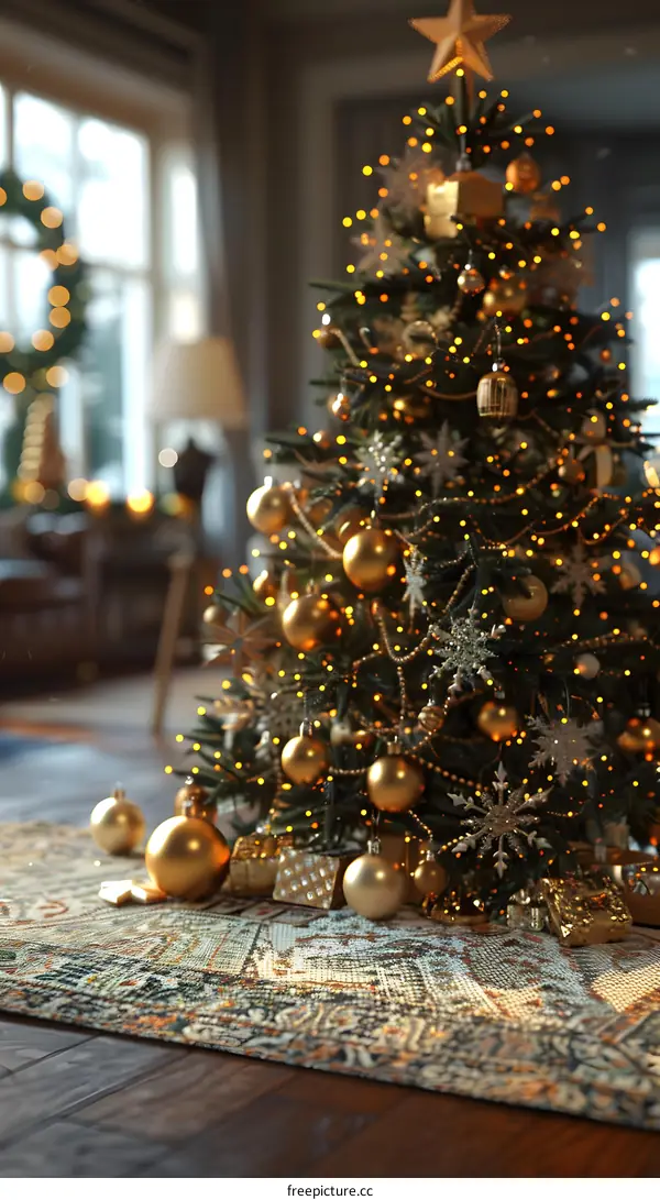 A beautifully decorated Christmas tree stands in a living room.