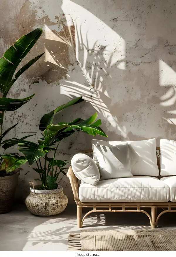 White Sofa In A Tropical Living Room With Plants