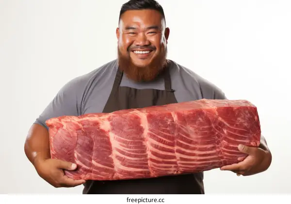 A smiling man holds a large piece of meat