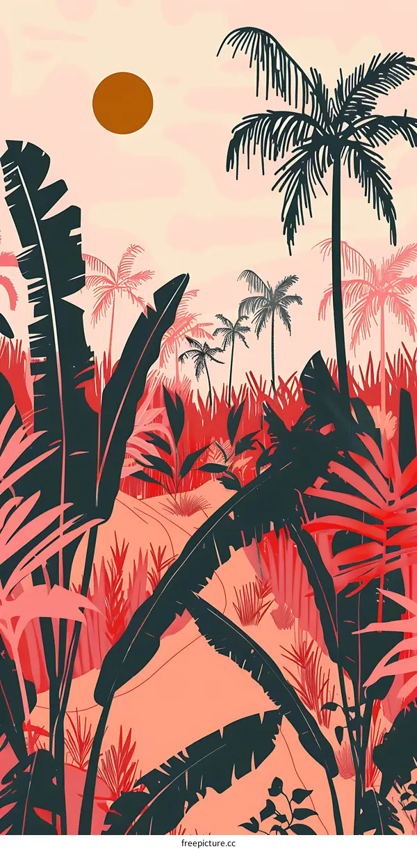 Tropical Landscape Illustration with Palm Trees and Banana Leaves