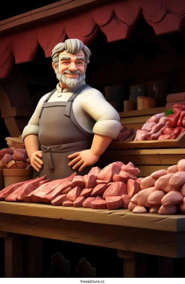 A cartoon butcher standing behind his counter full of meat