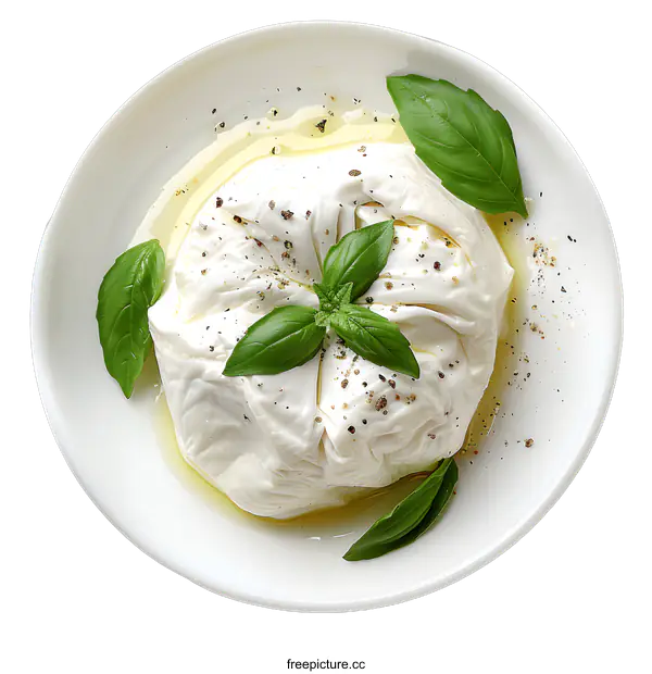 [Transparent Background PNG]Fresh burrata cheese with olive oil and basil