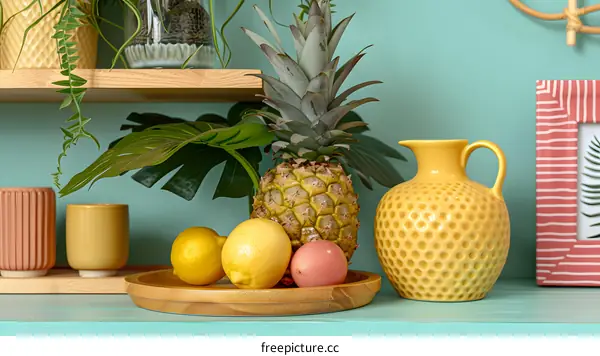 Tropical Fruit Still Life with Pineapple, Lemons, and a Yellow Pitcher