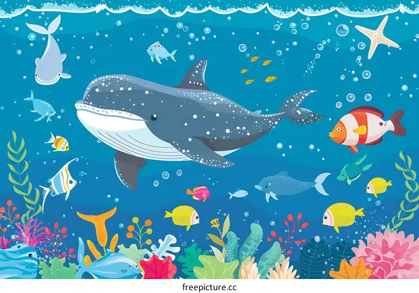 Cute Cartoon Underwater Illustration with Whale and Fish