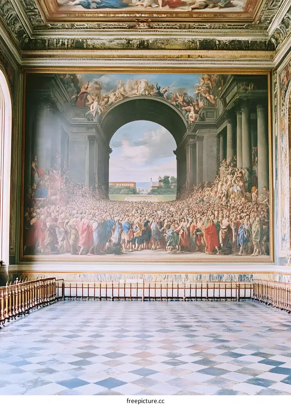 Large Fresco Painting In A Room With Checkerboard Floor