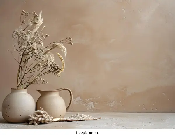 Dried Flowers in a Vase and a Jug on a Table