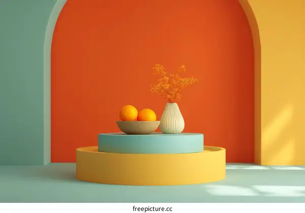 Vibrant Geometric Still Life Display with Oranges