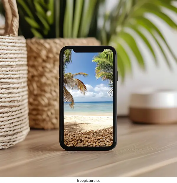 Phone Screen Showing Beach and Palm Trees