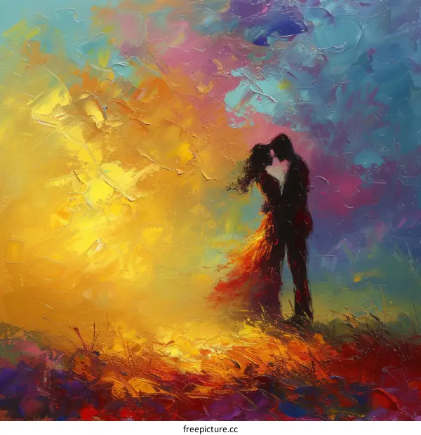 A couple is kissing in a field of flowers under a setting sun.