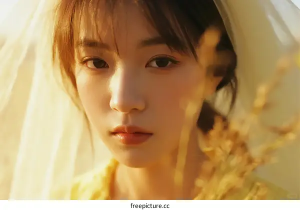 Young Woman in Yellow Dress with Veil in Golden Field