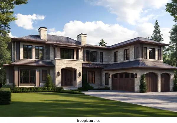 Modern Stone Exterior Home Design with Large Garage