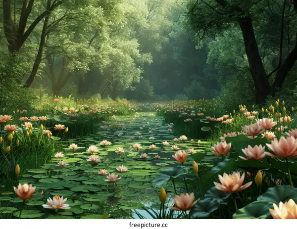 Tranquil Lily Pond in a Sunlit Forest