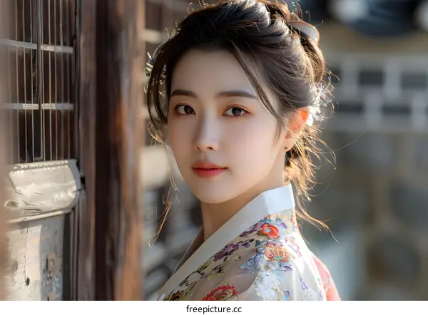 Portrait of a beautiful young Korean woman in traditional Hanbok dress