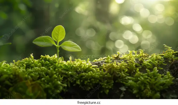 Close-up of a tiny plant growing on a bed of moss in the forest
