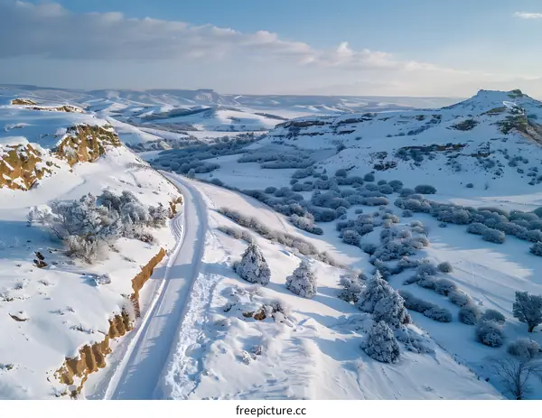 Snow-covered road winding through a valley