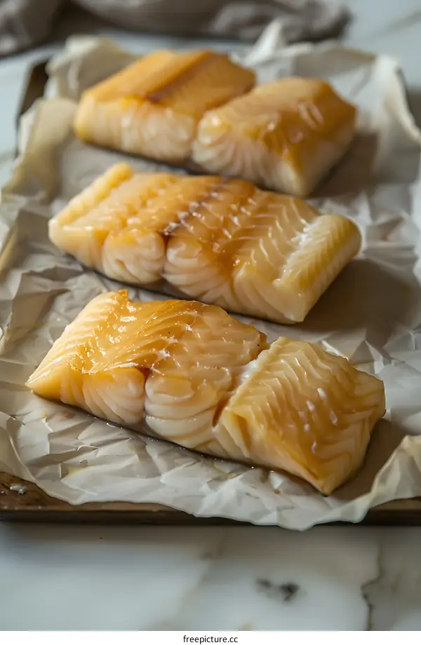 Three pieces of raw white fish fillets on brown parchment paper