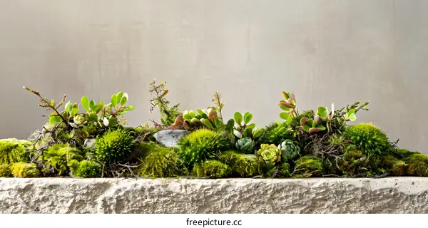 Green Moss and Succulents in Stone Planter