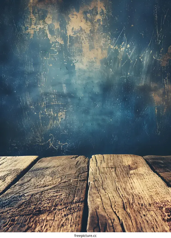 Rustic Wooden Tabletop Against A Vintage Blue Wall Background