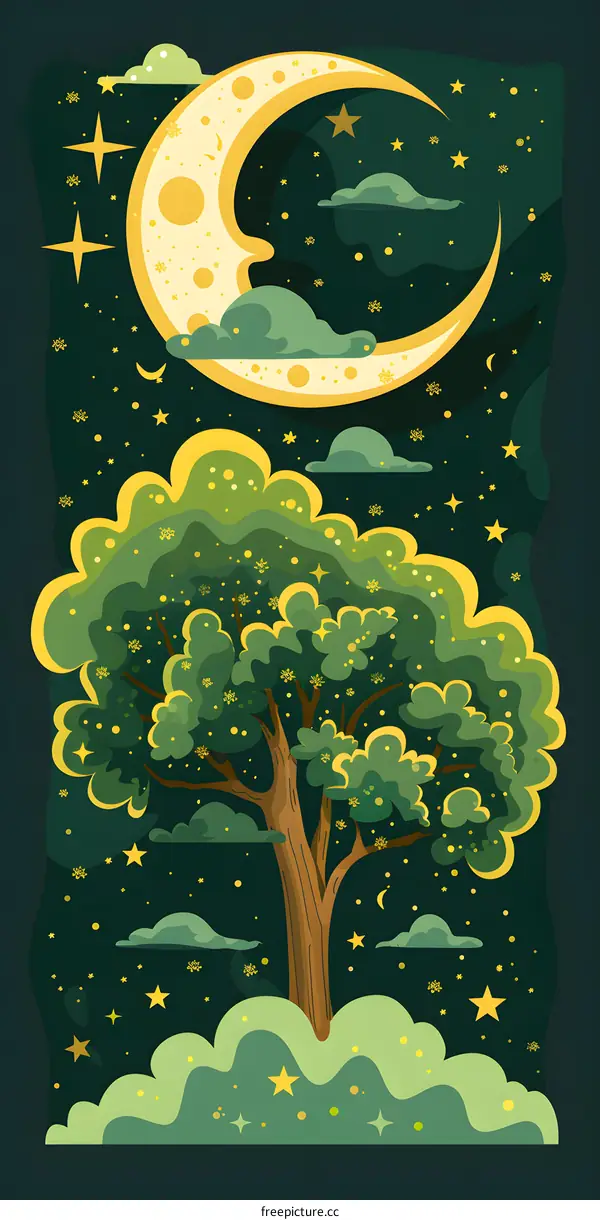 Night Sky with Crescent Moon and Tree