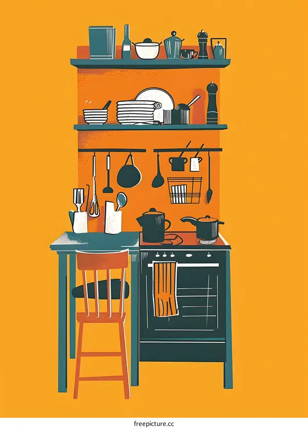 Vintage Kitchen Illustration With Stove And Chair