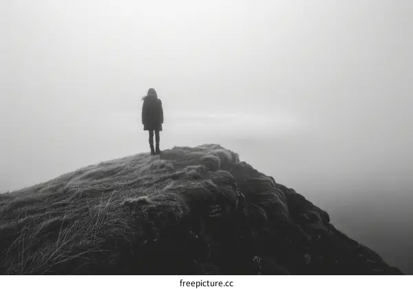 A person standing alone on a cliff overlooking a foggy landscape