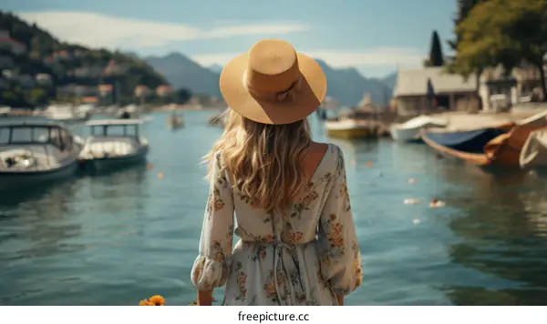 Blonde woman in a straw hat standing by the sea