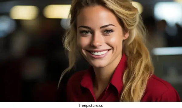 Portrait of a smiling young woman with blonde hair wearing a red shirt