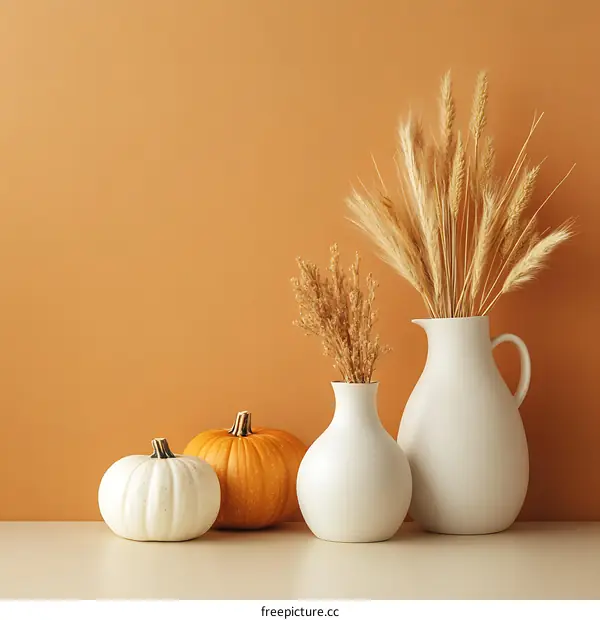 White Vases with Pumpkins and Dried Flowers on a Table Against a Brown Wall