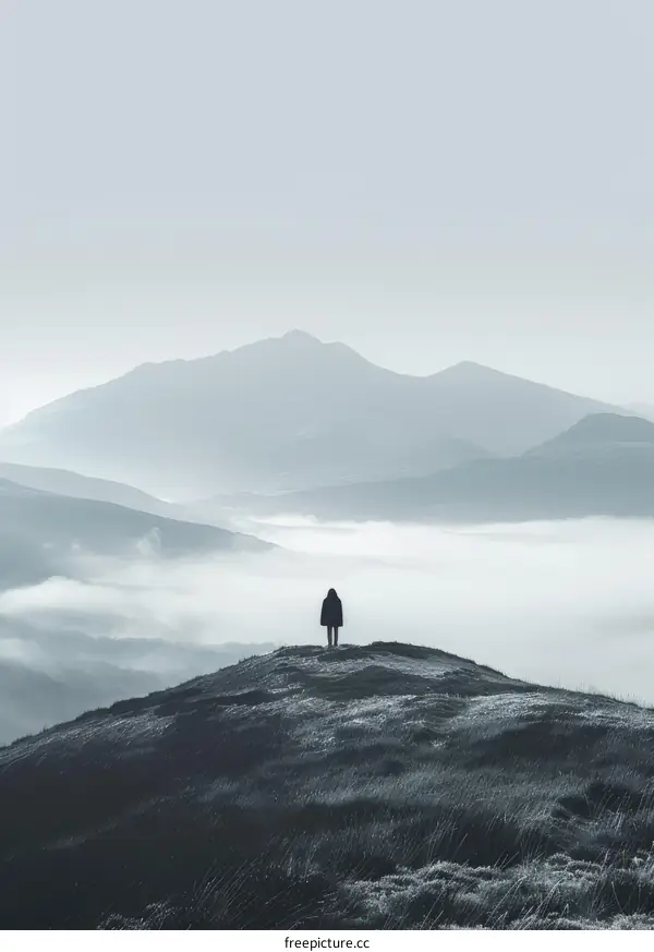A Solitary Figure Stands on a Hilltop Overlooking a Misty Valley