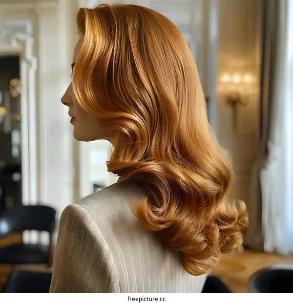 Woman with Long Curly Red Hair in a Beige Blazer
