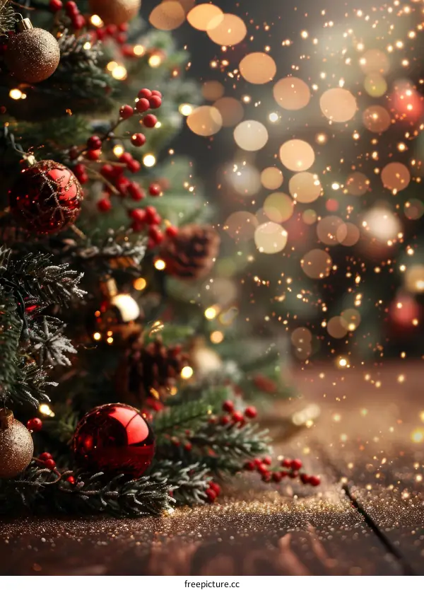 Christmas tree with red and gold ornaments and lights