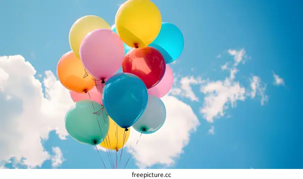 Colorful Balloons Floating in Blue Sky with White Clouds