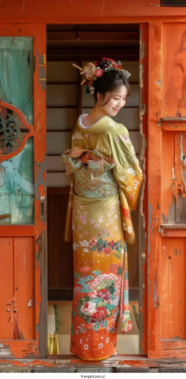A woman wearing a kimono is standing in a traditional Japanese house.