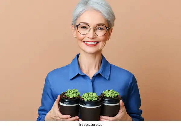 Smiling Woman Holding Small Plants in Cups