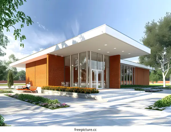 Modern architecture glass building exterior with brick and large windows